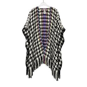 Chico's Houndstooth Ruana Wrap Shall Poncho Knit Sweater Rainbow Tassels Cozy